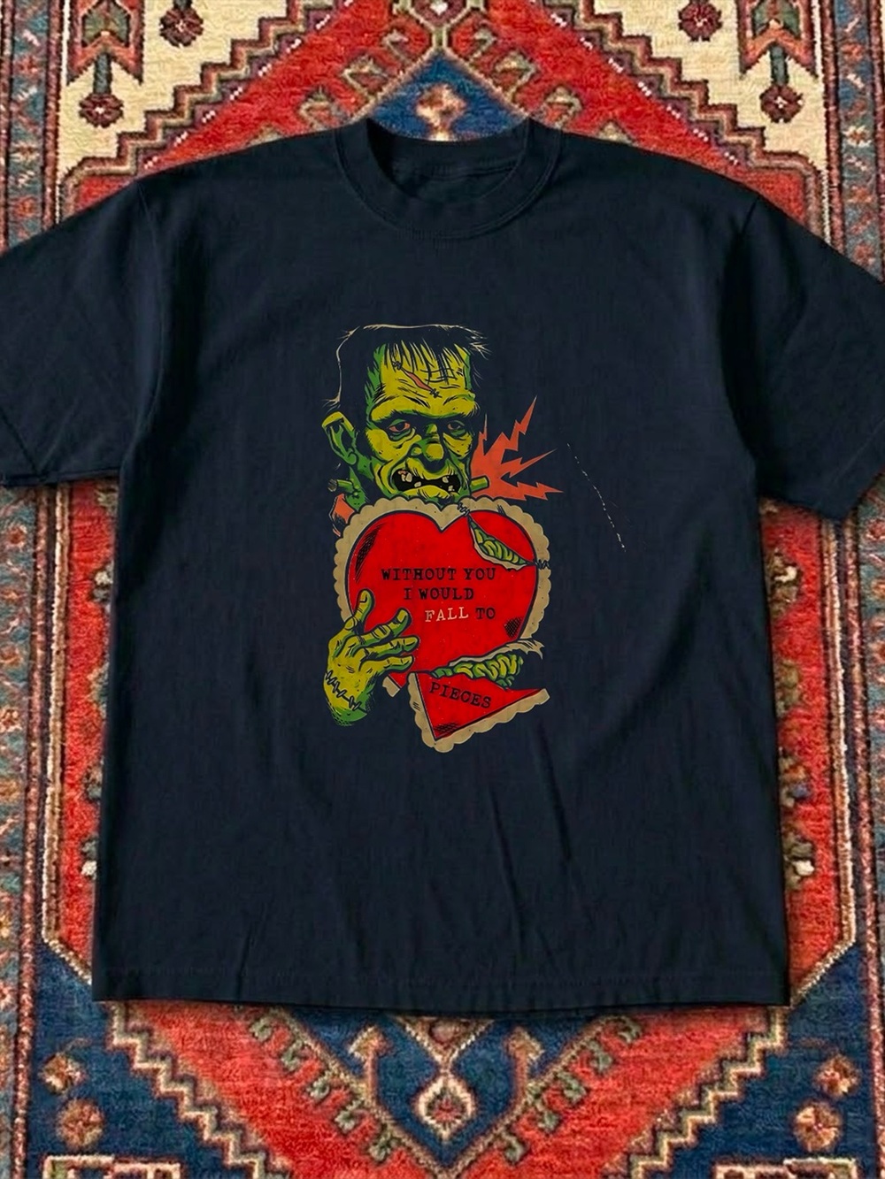 Gildan Black Tee with Green Monster Holding Red Heart Graphic